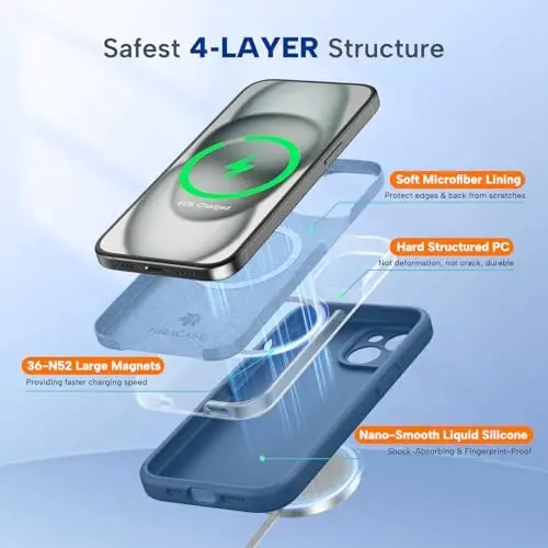 Miracase Magnetic for iPhone 15 Plus Case, [Soft Anti-Scratch Microfiber Lining], Magnetic for MagSafe, Liquid Silicone Shockproof Drop Protection Phone Case for 15 Plus, Glass Blue - 3