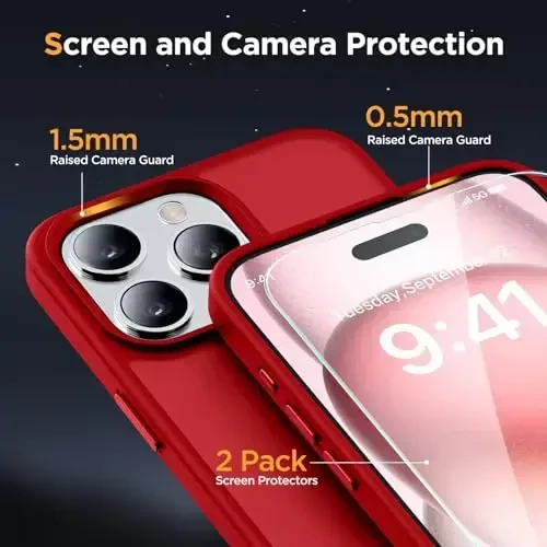 Miracase Magnetic for iPhone 15 Pro Case 6.1 inch (Compatible with MagSafe)(with 2X Screen Protectors)Military-Grade Protection, Anti-Fingerprint Translucent Matte Phone Cover, Red - 5