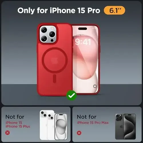 Miracase Magnetic for iPhone 15 Pro Case 6.1 inch (MagSafe bilan mos) (2X ekran himoyachilari bilan) Harbiy darajadagi himoya, barmoq izlariga qarshi yarim shaffof mat telefon qopqog'i, qizil - 2