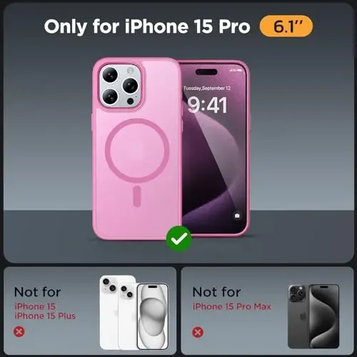 Miracase Magnetic for iPhone 15 Pro Case 6.1 inch (MagSafe bilan mos) (2X ekran himoyachilari bilan) Harbiy darajadagi himoya, barmoq izlariga qarshi yarim shaffof matli telefon qopqog'i, Mes Pink - 2