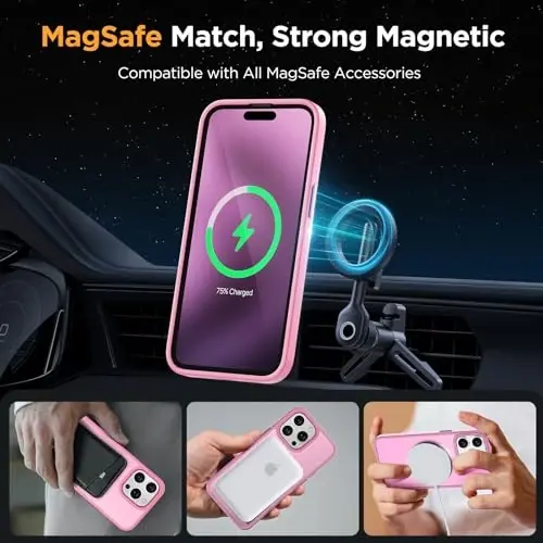 Miracase Magnetic for iPhone 15 Pro Case 6.1 inch (MagSafe bilan mos) (2X ekran himoyachilari bilan) Harbiy darajadagi himoya, barmoq izlariga qarshi yarim shaffof matli telefon qopqog'i, Mes Pink - 3