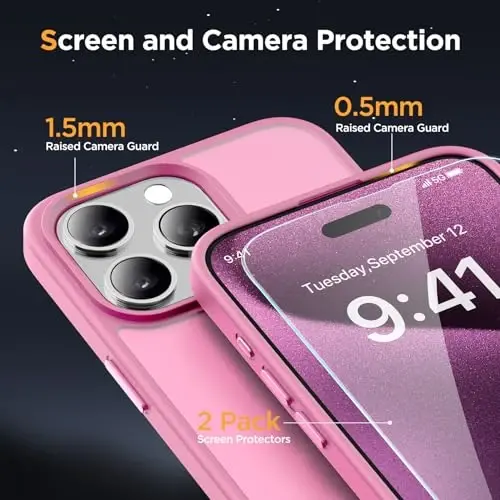 Miracase Magnetic for iPhone 15 Pro Case 6.1 inch (MagSafe bilan mos) (2X ekran himoyachilari bilan) Harbiy darajadagi himoya, barmoq izlariga qarshi yarim shaffof matli telefon qopqog'i, Mes Pink - 6