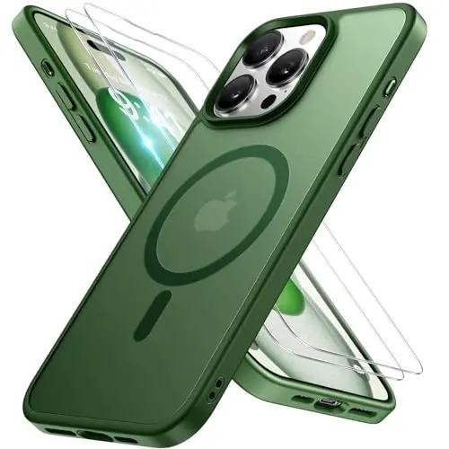 Miracase Magnetic for iPhone 15 Pro Case 6.1 inch (MagSafe bilan mos) (2X ekran himoyachisi bilan) Harbiy darajadagi himoya, barmoq izlariga qarshi yarim shaffof matli telefon qopqog'i, to'q yashil 