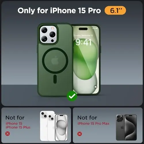 Miracase Magnetic for iPhone 15 Pro Case 6.1 inch (MagSafe bilan mos) (2X ekran himoyachisi bilan) Harbiy darajadagi himoya, barmoq izlariga qarshi yarim shaffof matli telefon qopqog'i, to'q yashil - 2
