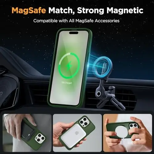 Miracase Magnetic for iPhone 15 Pro Case 6.1 inch (MagSafe bilan mos) (2X ekran himoyachisi bilan) Harbiy darajadagi himoya, barmoq izlariga qarshi yarim shaffof matli telefon qopqog'i, to'q yashil - 4