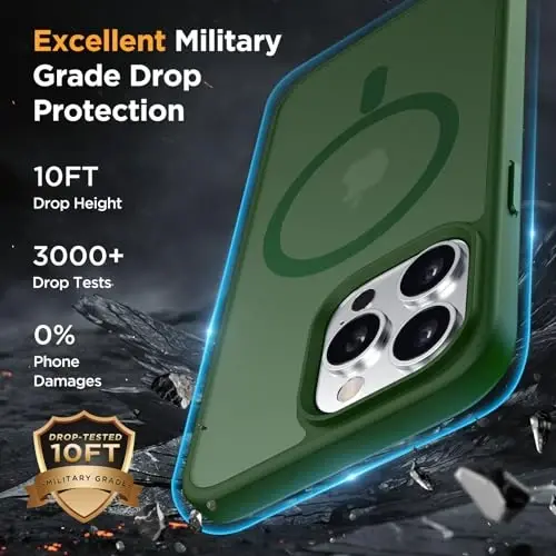 Miracase Magnetic for iPhone 15 Pro Case 6.1 inch (MagSafe bilan mos) (2X ekran himoyachisi bilan) Harbiy darajadagi himoya, barmoq izlariga qarshi yarim shaffof matli telefon qopqog'i, to'q yashil - 6