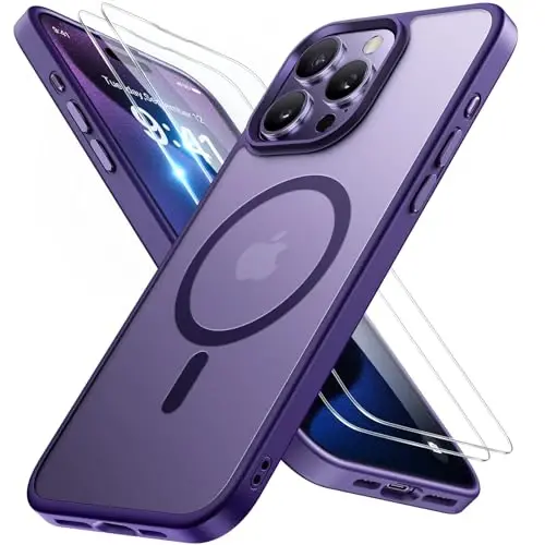 Miracase Magnetic for iPhone 15 Pro Case 6.1 inch (MagSafe bilan mos keladi) (2X ekran himoyachisi bilan) Harbiy darajadagi himoya, barmoq izlariga qarshi yarim shaffof matli telefon qopqog'i, to'q binafsha 