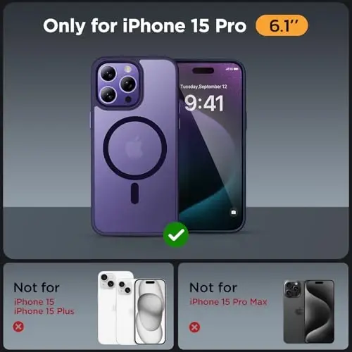 Miracase Magnetic for iPhone 15 Pro Case 6.1 inch (MagSafe bilan mos keladi) (2X ekran himoyachisi bilan) Harbiy darajadagi himoya, barmoq izlariga qarshi yarim shaffof matli telefon qopqog'i, to'q binafsha - 2