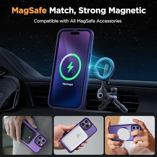 Miracase Magnetic for iPhone 15 Pro Case 6.1 inch (MagSafe bilan mos keladi) (2X ekran himoyachisi bilan) Harbiy darajadagi himoya, barmoq izlariga qarshi yarim shaffof matli telefon qopqog'i, to'q binafsha - 3