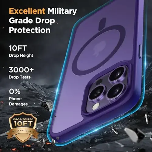Miracase Magnetic for iPhone 15 Pro Case 6.1 inch (MagSafe bilan mos keladi) (2X ekran himoyachisi bilan) Harbiy darajadagi himoya, barmoq izlariga qarshi yarim shaffof matli telefon qopqog'i, to'q binafsha - 4