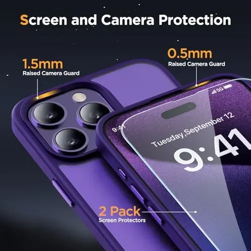 Miracase Magnetic for iPhone 15 Pro Case 6.1 inch (MagSafe bilan mos keladi) (2X ekran himoyachisi bilan) Harbiy darajadagi himoya, barmoq izlariga qarshi yarim shaffof matli telefon qopqog'i, to'q binafsha - 5
