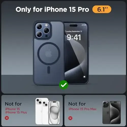 Miracase Magnetic for iPhone 15 Pro Case 6.1 inch (MagSafe bilan mos keladi) (2X ekran himoyachisi bilan) Harbiy darajadagi himoya, barmoq izlariga qarshi yarim shaffof matli telefon qopqog'i, to'q ko'k - 2