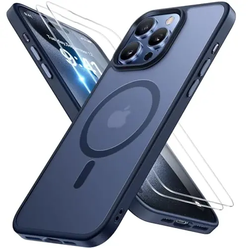 Miracase Magnetic for iPhone 15 Pro Case 6.1 inch (MagSafe bilan mos keladi) (2X ekran himoyachisi bilan) Harbiy darajadagi himoya, barmoq izlariga qarshi yarim shaffof matli telefon qopqog'i, to'q ko'k - MIRACASE