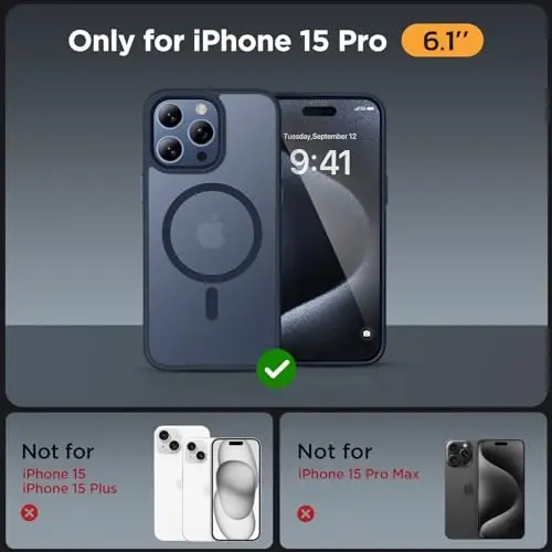 Miracase Magnetic for iPhone 15 Pro Case 6.1 inch (MagSafe bilan mos keladi) (2X ekran himoyachisi bilan) Harbiy darajadagi himoya, barmoq izlariga qarshi yarim shaffof matli telefon qopqog'i, to'q ko'k - MIRACASE (1)