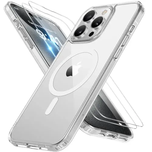 Miracase Magnetic for iPhone 15 Pro Case 6.1 inch (MagSafe bilan mos keladi)（2X ekran himoyachilari bilan）Harbiy darajadagi himoya, barmoq izlariga qarshi yarim shaffof matli telefon qopqog'i, shaffof 