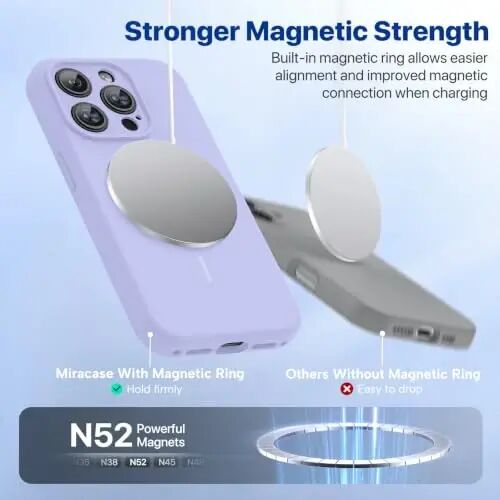 Miracase Magnetic for iPhone 15 Pro Case, [Soft Anti-Scratch Microfiber Lining], Compatible with MagSafe, Liquid Silicone Shockproof Drop Protection Phone Case for 15 Pro, Light Purple - 2