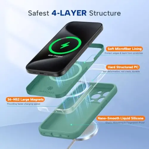 miracase Magnetic for iPhone 15 Pro Case, [Soft Anti-Scratch Microfiber Lining], Compatible with MagSafe, Liquid Silicone Shockproof Drop Protection Phone Case for 15 Pro, Midnight Green - 3