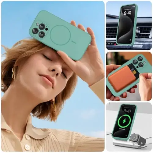 miracase Magnetic for iPhone 15 Pro Case, [Soft Anti-Scratch Microfiber Lining], Compatible with MagSafe, Liquid Silicone Shockproof Drop Protection Phone Case for 15 Pro, Midnight Green - 6