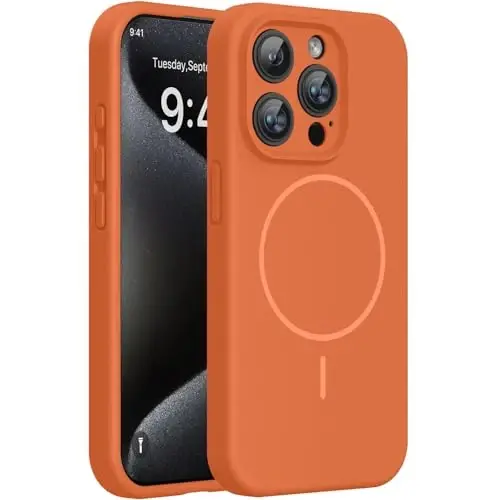 Miracase Magnetic for iPhone 15 Pro Case, [Soft Anti-Scratch Microfiber Lining], Compatible with MagSafe, Liquid Silicone Shockproof Drop Protection Phone Case for 15 Pro, Orange 