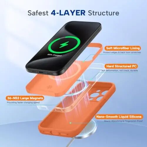 Miracase Magnetic for iPhone 15 Pro Case, [Soft Anti-Scratch Microfiber Lining], Compatible with MagSafe, Liquid Silicone Shockproof Drop Protection Phone Case for 15 Pro, Orange - MIRACASE
