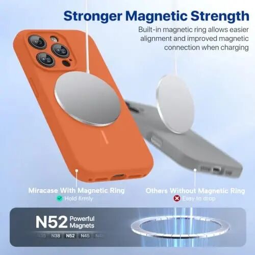 Miracase Magnetic for iPhone 15 Pro Case, [Soft Anti-Scratch Microfiber Lining], Compatible with MagSafe, Liquid Silicone Shockproof Drop Protection Phone Case for 15 Pro, Orange - 2