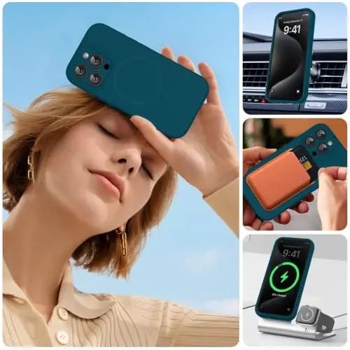 miracase Magnetic for iPhone 15 Pro Case, [Soft Anti-Scratch Microfiber Lining], Compatible with MagSafe, Liquid Silicone Shockproof Drop Protection Phone Case for 15 Pro, Teal - 6
