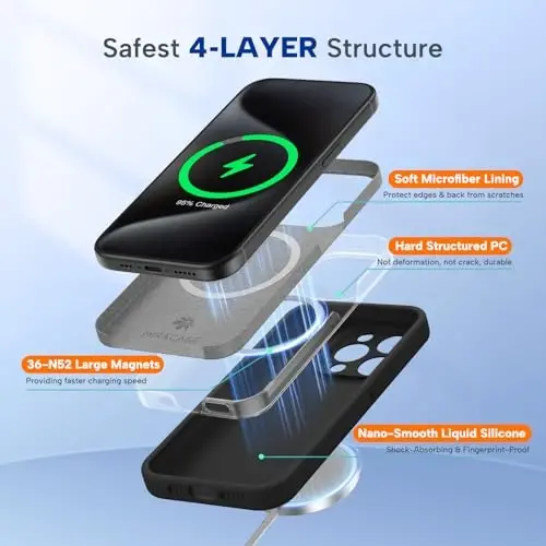 Miracase Magnetic for iPhone 15 Pro Case, [Soft Anti-Scratch Microfiber Lining], Magnetic for MagSafe, Liquid Silicone Shockproof Drop Protection Phone Case for 15 Pro, Black - 6