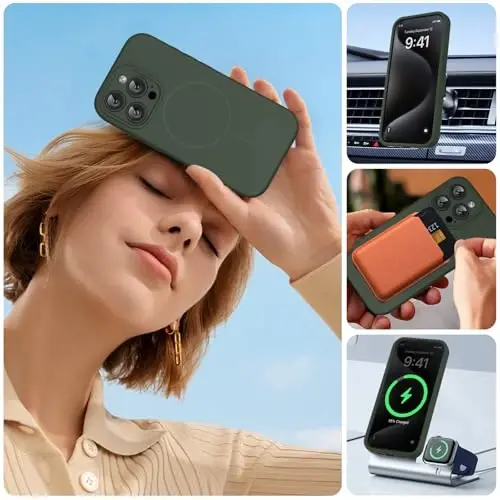 Miracase Magnetic for iPhone 15 Pro Case, [Soft Anti-Scratch Microfiber Lining], Magnetic for MagSafe, Liquid Silicone Shockproof Drop Protection Phone Case for 15 Pro, Dark Green - 5