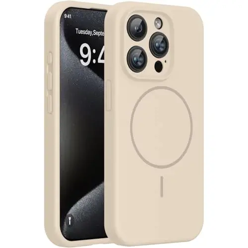 Miracase Magnetic for iPhone 15 Pro Case, [Soft Anti-Scratch Microfiber Lining], Magnetic for MagSafe, Liquid Silicone Shockproof Drop Protection Phone Case for 15 Pro, Sand - MIRACASE
