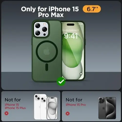 Miracase Magnetic for iPhone 15 Pro Max Case 6.7 inch (MagSafe bilan mos) (2X Ekran himoyachilari bilan) Harbiy darajadagi himoya, barmoq izlariga qarshi yarim shaffof mat telefon qopqog'i, to'q yashil - 2