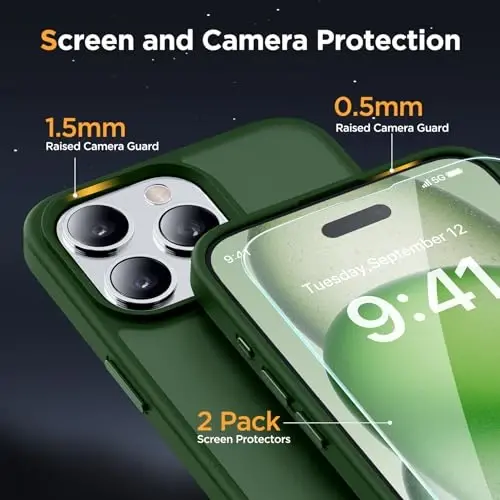 Miracase Magnetic for iPhone 15 Pro Max Case 6.7 inch (MagSafe bilan mos) (2X Ekran himoyachilari bilan) Harbiy darajadagi himoya, barmoq izlariga qarshi yarim shaffof mat telefon qopqog'i, to'q yashil - 5