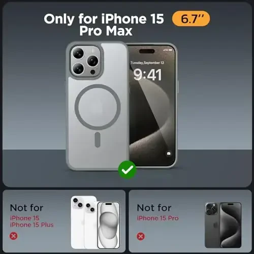 Miracase Magnetic for iPhone 15 Pro Max Case 6.7 inch (MagSafe bilan mos) (2X ekran himoyachisi bilan) Harbiy darajadagi himoya, barmoq izlariga qarshi yarim shaffof matli telefon qopqog'i, kulrang - 2