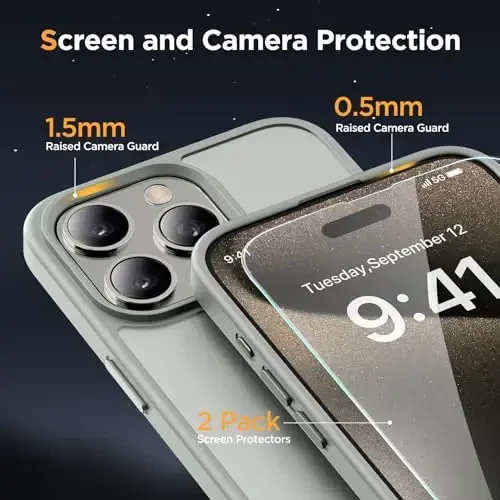 Miracase Magnetic for iPhone 15 Pro Max Case 6.7 inch (MagSafe bilan mos) (2X ekran himoyachisi bilan) Harbiy darajadagi himoya, barmoq izlariga qarshi yarim shaffof matli telefon qopqog'i, kulrang - 6