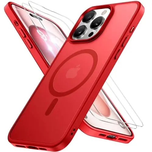 Miracase Magnetic for iPhone 15 Pro Max Case 6.7 inch (MagSafe bilan mos keladi) (2X Ekran himoyachilari bilan) Harbiy darajadagi himoya, Barmoq izlariga qarshi yarim shaffof matli telefon qopqog'i, Qizil 