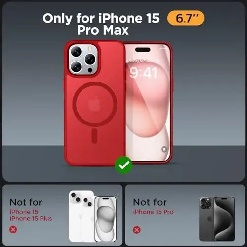 Miracase Magnetic for iPhone 15 Pro Max Case 6.7 inch (MagSafe bilan mos keladi) (2X Ekran himoyachilari bilan) Harbiy darajadagi himoya, Barmoq izlariga qarshi yarim shaffof matli telefon qopqog'i, Qizil - 2