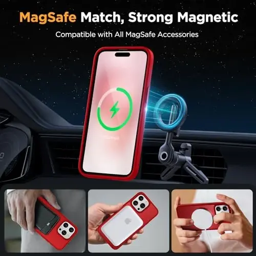 Miracase Magnetic for iPhone 15 Pro Max Case 6.7 inch (MagSafe bilan mos keladi) (2X Ekran himoyachilari bilan) Harbiy darajadagi himoya, Barmoq izlariga qarshi yarim shaffof matli telefon qopqog'i, Qizil - 3