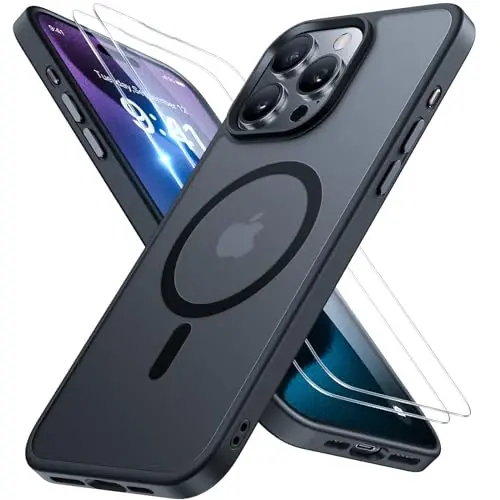 Miracase Magnetic for iPhone 15 Pro Max Case 6.7 inch (MagSafe bilan mos keladi) (2X ekran himoyachisi bilan) Harbiy darajadagi himoya, barmoq izlariga qarshi yarim shaffof matli telefon qopqog'i, qora - MIRACASE