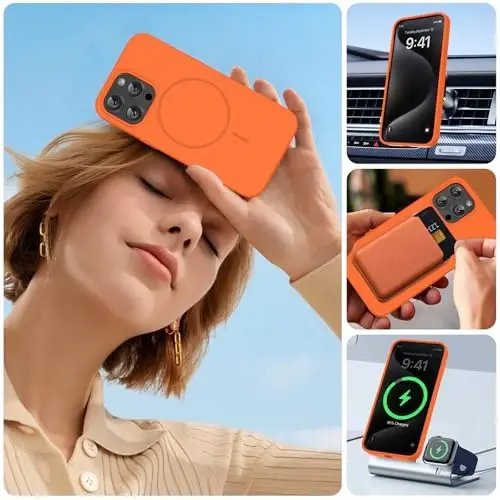 Miracase Magnetic for iPhone 15 Pro Max Case, [Soft Anti-Scratch Microfiber Lining], Compatible with MagSafe, Liquid Silicone Case Shockproof Drop Protection Phone Case for 15 ProMax, Orange - 3