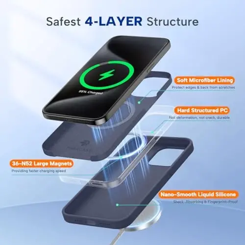 Miracase Magnetic for iPhone 15 Pro Max g'ilofi, [Yumshoq tirnashga qarshi mikrofiber qoplamali], MagSafe bilan mos, Suyuq silikon g'ilof, zarbaga chidamli va tushishdan himoyalovchi, 15 Pro Max uchun telefon g'ilofi, To'q ko'k rang - 3
