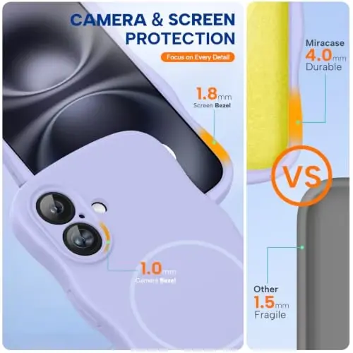 Miracase Magnetic for iPhone 16 Case, Silicone Wave Case, Light Purple | Cute Curly Wave Frame with Dual Lanyard Holes, Soft Microfiber Lining, Shockproof Drop Protection Phone Case for 16 - 5