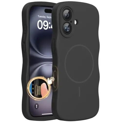 Miracase Magnetic for iPhone 16 Case,Cute Curly Wave Frame, Liqiud Silicone | Compatible with MagSafe, Dual Lanyard Holes,Soft Microfiber Lining, Shockproof Drop Protection Phone Case for 16,Black - 1