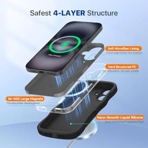 Miracase Magnetic for iPhone 16 Case,Cute Curly Wave Frame, Liqiud Silicone | Compatible with MagSafe, Dual Lanyard Holes,Soft Microfiber Lining, Shockproof Drop Protection Phone Case for 16,Black - 4
