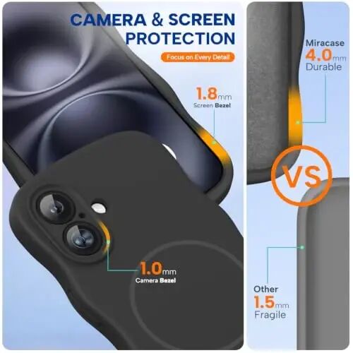 Miracase Magnetic for iPhone 16 Case,Cute Curly Wave Frame, Liqiud Silicone | Compatible with MagSafe, Dual Lanyard Holes,Soft Microfiber Lining, Shockproof Drop Protection Phone Case for 16,Black - 5