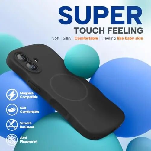 Miracase Magnetic for iPhone 16 Case,Cute Curly Wave Frame, Liqiud Silicone | Compatible with MagSafe, Dual Lanyard Holes,Soft Microfiber Lining, Shockproof Drop Protection Phone Case for 16,Black - 6