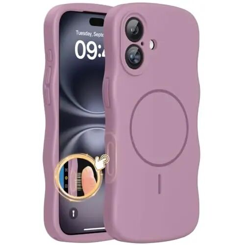 Miracase Magnetic for iPhone 16 Case,Cute Curly Wave Frame, Liqiud Silicone | Compatible with MagSafe, Dual Lanyard Holes,Soft Microfiber Lining, Shockproof Drop Protection Phone Case for 16,Blackcurrant - Miracase