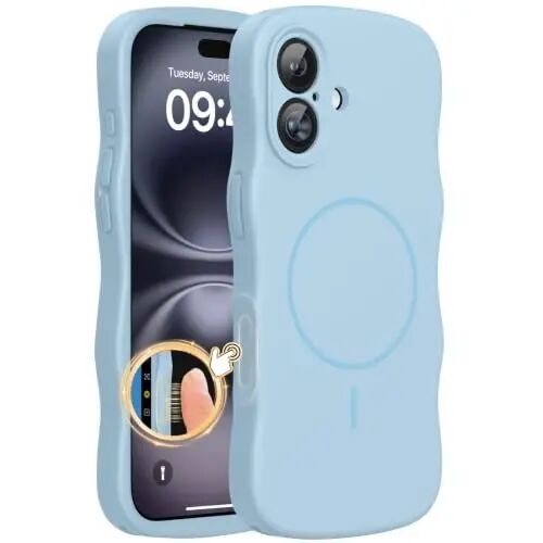Miracase Magnetic for iPhone 16 Case,Cute Curly Wave Frame, Liqiud Silicone | Compatible with MagSafe, Dual Lanyard Holes,Soft Microfiber Lining, Shockproof Drop Protection Phone Case for 16,Light Blue - Miracase