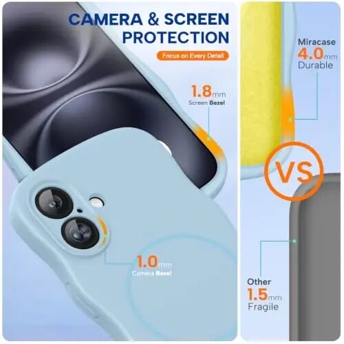 Miracase Magnetic for iPhone 16 Case,Cute Curly Wave Frame, Liqiud Silicone | Compatible with MagSafe, Dual Lanyard Holes,Soft Microfiber Lining, Shockproof Drop Protection Phone Case for 16,Light Blue - 5