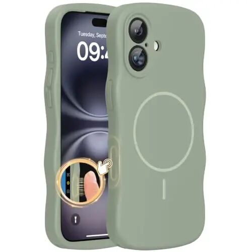 Miracase Magnetic for iPhone 16 Case,Cute Curly Wave Frame, Liqiud Silicone | Compatible with MagSafe, Dual Lanyard Holes,Soft Microfiber Lining, Shockproof Drop Protection Phone Case for 16,Patina Green | Compatible with MagSafe, Dual Lanyard Holes, - Miracase