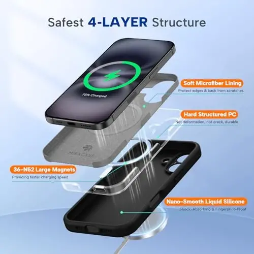 Miracase Magnetic for iPhone 16 Plus Case, [Soft Anti-Scratch Microfiber Lining], Magnetic for MagSafe, Liquid Silicone Shockproof Drop Protection Phone Case for 16 Plus,Black - 4