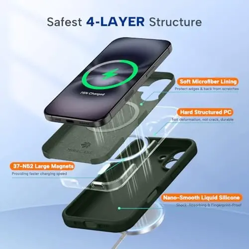 Miracase Magnetic for iPhone 16 Plus Case, [Soft Anti-Scratch Microfiber Lining], Magnetic for MagSafe, Liquid Silicone Shockproof Drop Protection Phone Case for 16 Plus,Dark Green - 6